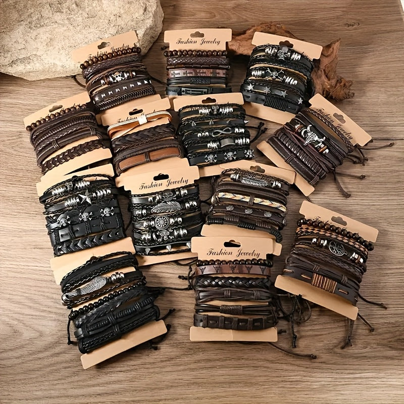 4/18/36 հատ վինտաժային նորաձևության արհեստական ​​կաշվե ապարանջան՝ արևմտյան փանկ ոճի ուլունքավոր ապարանջանով, ձեռագործ, ինքնուրույն պատրաստված պատահական ոճերով