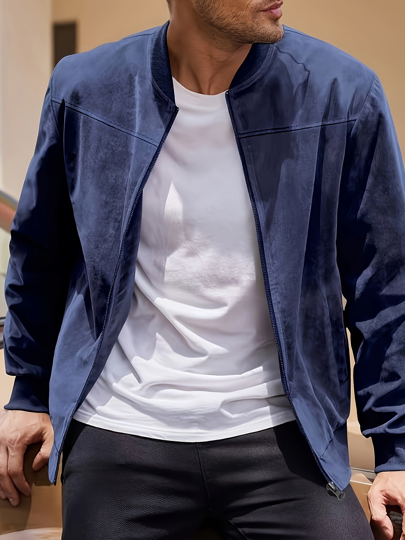 Men's Casual Retro-Inspired Lightweight Zip-Up Jacket - Solid Color, Machine Washable with Baseball Collar