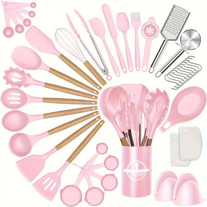 43pcs Non-Stick Cookware Storage Bucket with Wooden Handles, Silicone Kitchen Utensils, Easy-To-Clean Kitchen Tools, Spatula And Spoon Set.