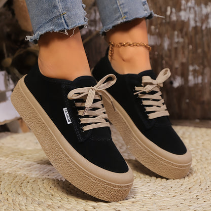 Women's Casual Lace-Up Shoes, Low-Top Round Toe, Black PVC Sole