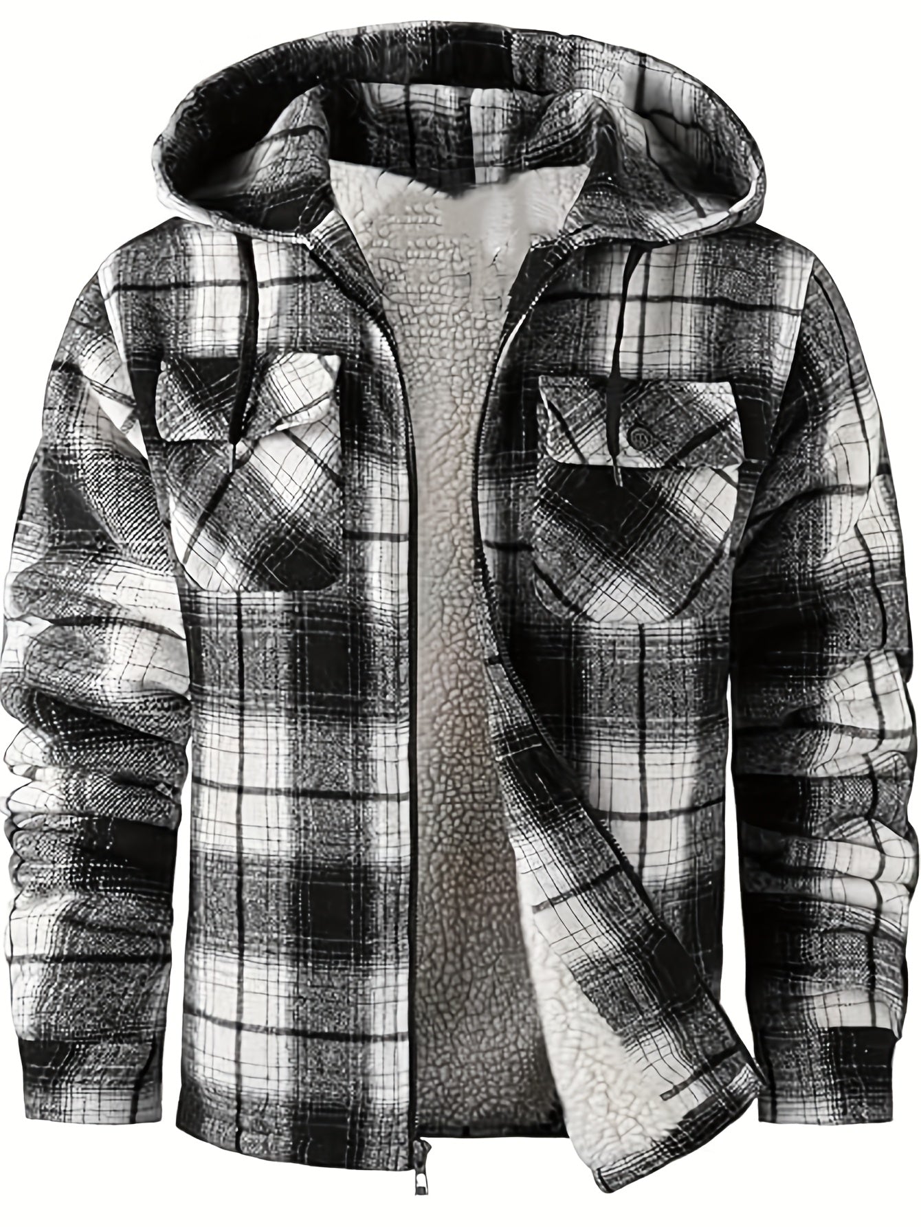 DPYEW Men's Full-Zip Hooded Jacket with Fleece Lining & Plaid Black/White/Gray Winter Coat - Windproof Outerwear, Full-Zip Closure, Hand Washable, Casual Jacket for Skiing, (Warm), Winter Jacket For Men, Mens Jacket, Men Wint