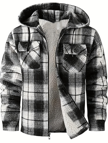 DPYEW Men's Full-Zip Hooded Jacket with Fleece Lining & Plaid Black/White/Gray Winter Coat - Windproof Outerwear, Full-Zip Closure, Hand Washable, Casual Jacket for Skiing, (Warm), Winter Jacket For Men, Mens Jacket, Men Wint