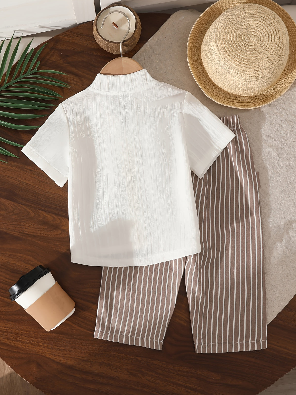Boys' Casual Summer Shirt and Pants Set, Polyester Blend - ayq