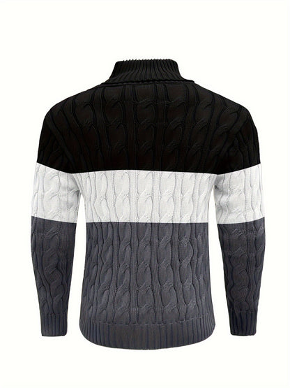 Men's Business Style Color-Block Sweater, Fashionable Trendy Spliced Large Lapel Pullover, Versatile Button-Design Sweatshirt