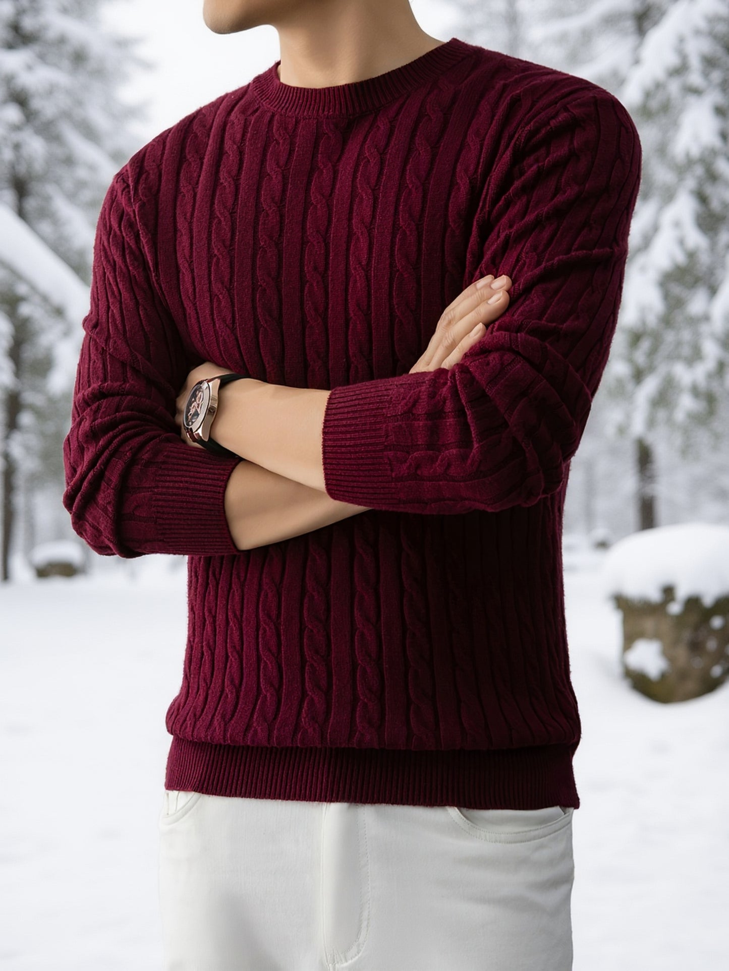 Men's Thick Winter Knit Sweater - High-Elastic Breathable Round Neck Pullover with Cross-Over Collar & Asymmetric Hem, Warm Casual Sweater for Fall/Winter, Machine Washable (Suitable for Daily Wear, Parties, Skiing) - Non- So