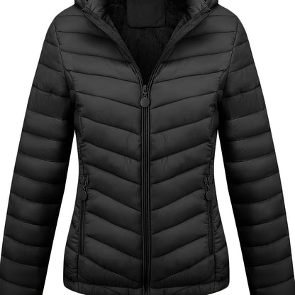 Կանացի թեթև, սև, գլխարկով ձմեռային բաճկոն՝ գրպաններով - Էլեգանտ երկար թևքերով վերնազգեստ, նեյլոնե նյութ, կայծակաճարմանդով դիզայն, իդեալական է առօրյա կամ ճանապարհորդության համար, ձմեռային վերարկուներ