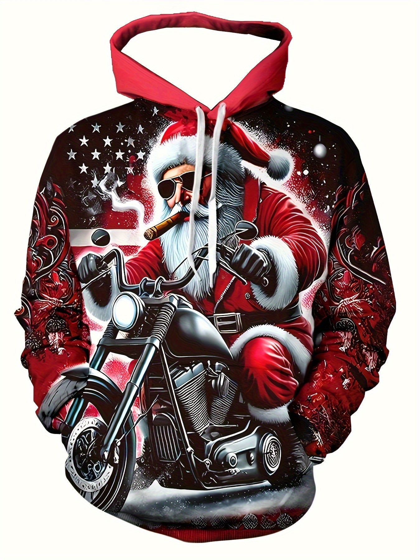 Men'S Christmas Hoodie with Santa Claus Riding Motorcycle & Reindeer Print - Warm Winter Pullover with Kangaroo Pocket, Machine Washable, Regular Fit Casual Long Sleeve Hoodie for Holiday Parties, Home Loungewear & Casual Att