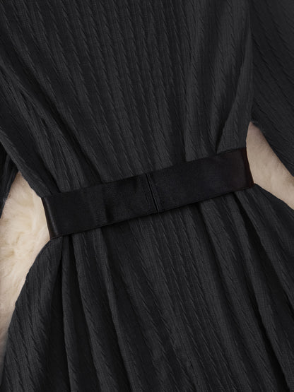 Plus Size - Plus Size, Women'S Elegant Formal Party Dress - Long Sleeve V-Neck with Adjustable Waist Belt, Flared Skirt - Elegant Evening Gown for Christmas, Galas, Weddings - Plus Size Friendly - Black Formal Attire, Formal