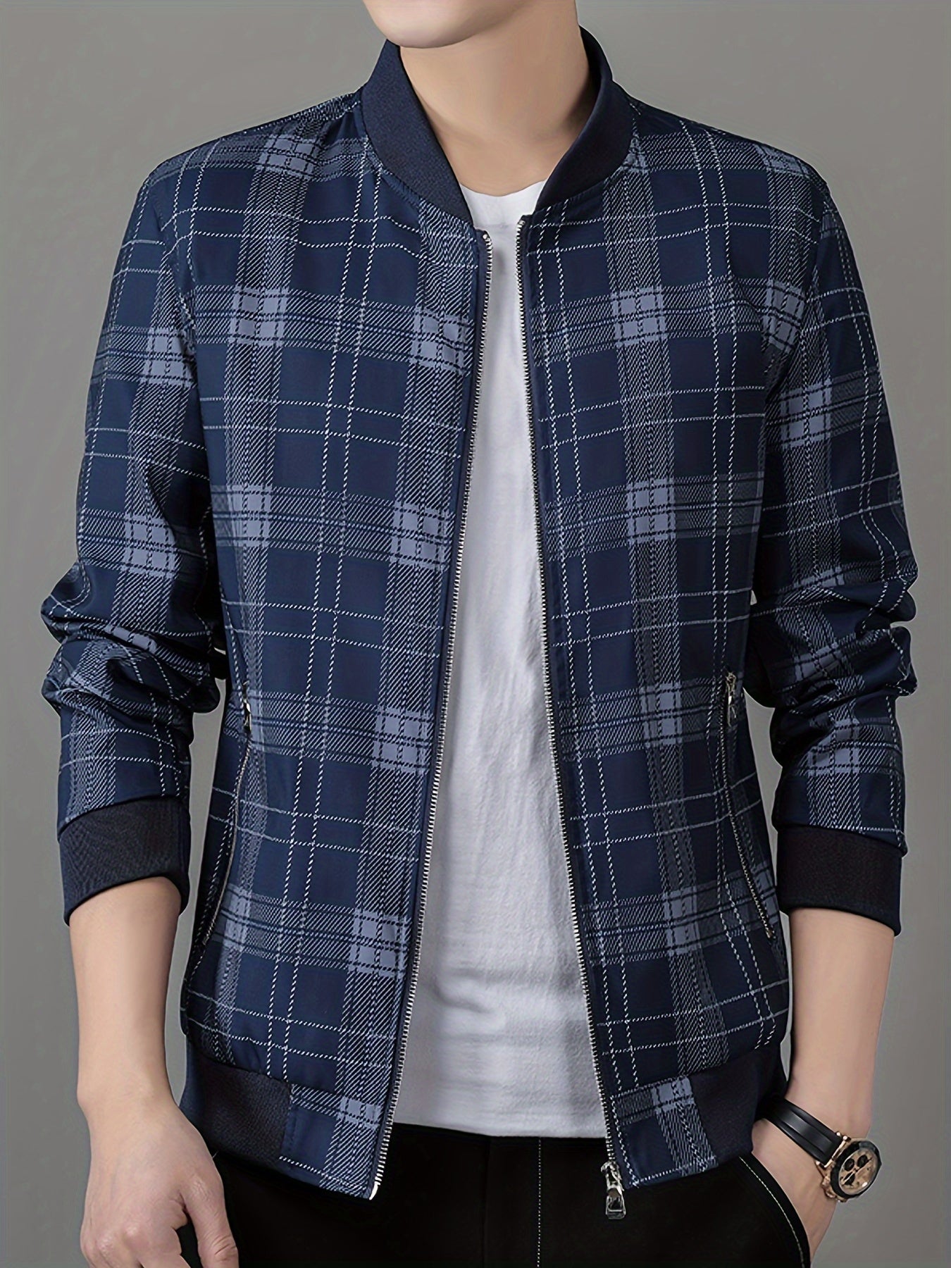 Men's Lightweight Baseball Jacket - Navy Blue & Black Plaid Zip-Up Coat, Non-Stretch Fabric for Formal & Casual Outfits - Spring/Fall Outerwear Jacket, Outdoor Wear, Classic Collar, Quality Stitching, Stylish Coat, Fashioncon