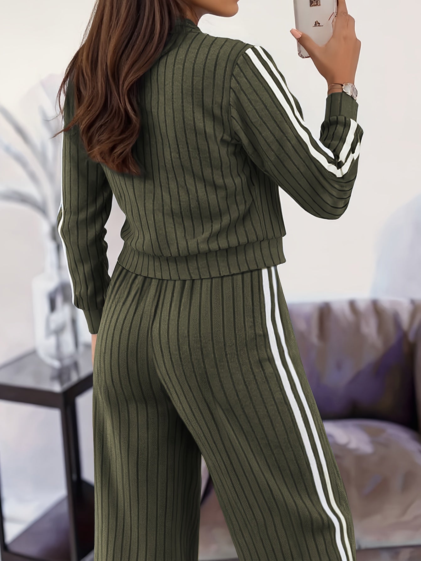 Women'S Stylish Casual Zip-Up Round Neck Ribbed Cardigan with Loose Straight Pants, a Two-Piece Casual Outfit - ayq