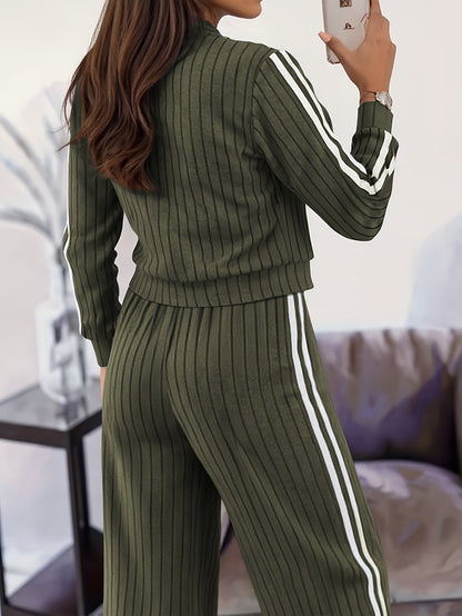 Women'S Stylish Casual Zip-Up Round Neck Ribbed Cardigan with Loose Straight Pants, a Two-Piece Casual Outfit - ayq