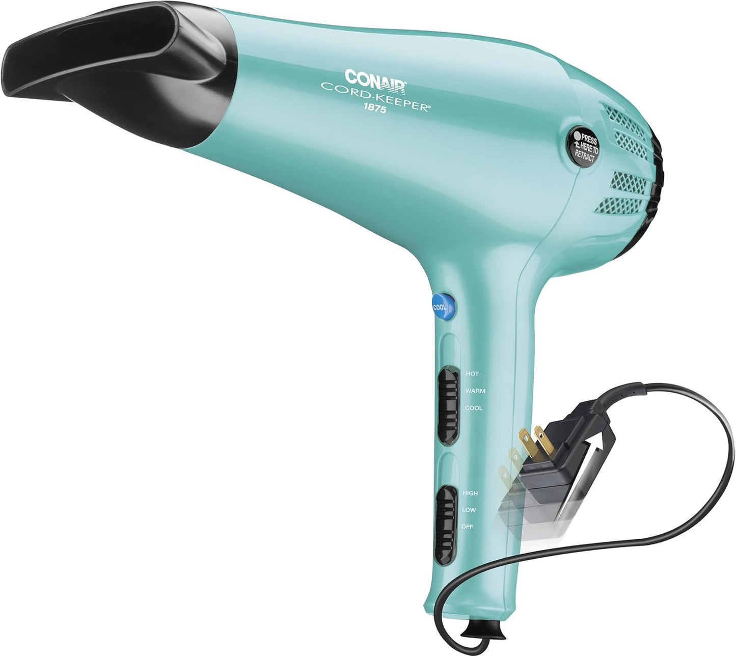 Conair Hair Dryer with Retractable Cord, 1875W Cord-Keeper Blow Dryer,Pink