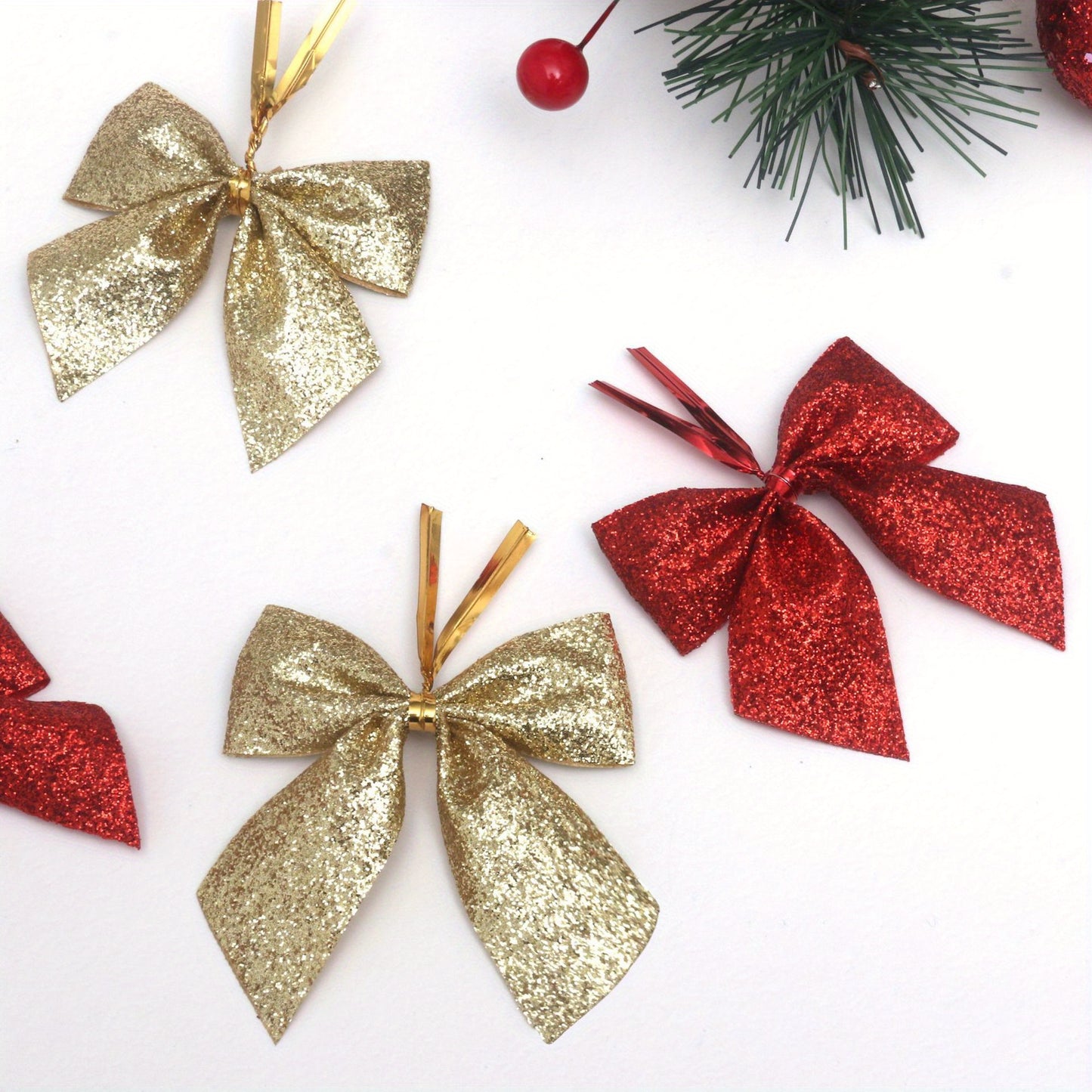 60pcs Elegant Red & Golden Glitter Mini Bows with Golden Ribbon - Durable Polyester Christmas Tree Decorations, Wreaths, Gift Wrapping, Crafts - Shiny Glossy Bows with Sharp Tip for DIY, Party Decorations, Holiday Ornaments (