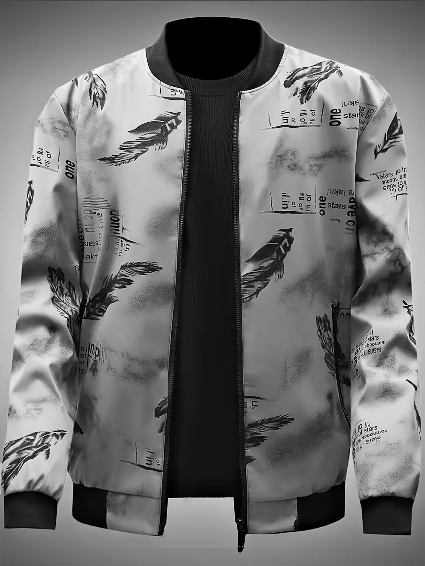 Men'S Lightweight Preppy Bomber Jacket with Feather & Star Print, Stand Collar, Zip-Up, Loose Fit, Polyester Lining, Casual Streetwear Style, Casual Outerwear | Star Pattern Jacket | Zippered Jacket