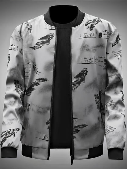 Men'S Lightweight Preppy Bomber Jacket with Feather & Star Print, Stand Collar, Zip-Up, Loose Fit, Polyester Lining, Casual Streetwear Style, Casual Outerwear | Star Pattern Jacket | Zippered Jacket