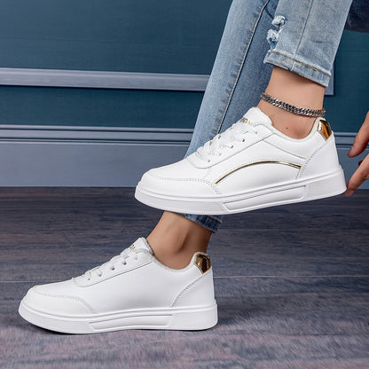 Women'S Fashion Sneakers, Low Top Lace-Up Sports Shoes, Solid Color with Glitter Embellishment, Lightweight All-Season Casual White Trainers, Durable EVA Sole, Fabric Inner & Insole, Microfiber Upper - Positioning Printing