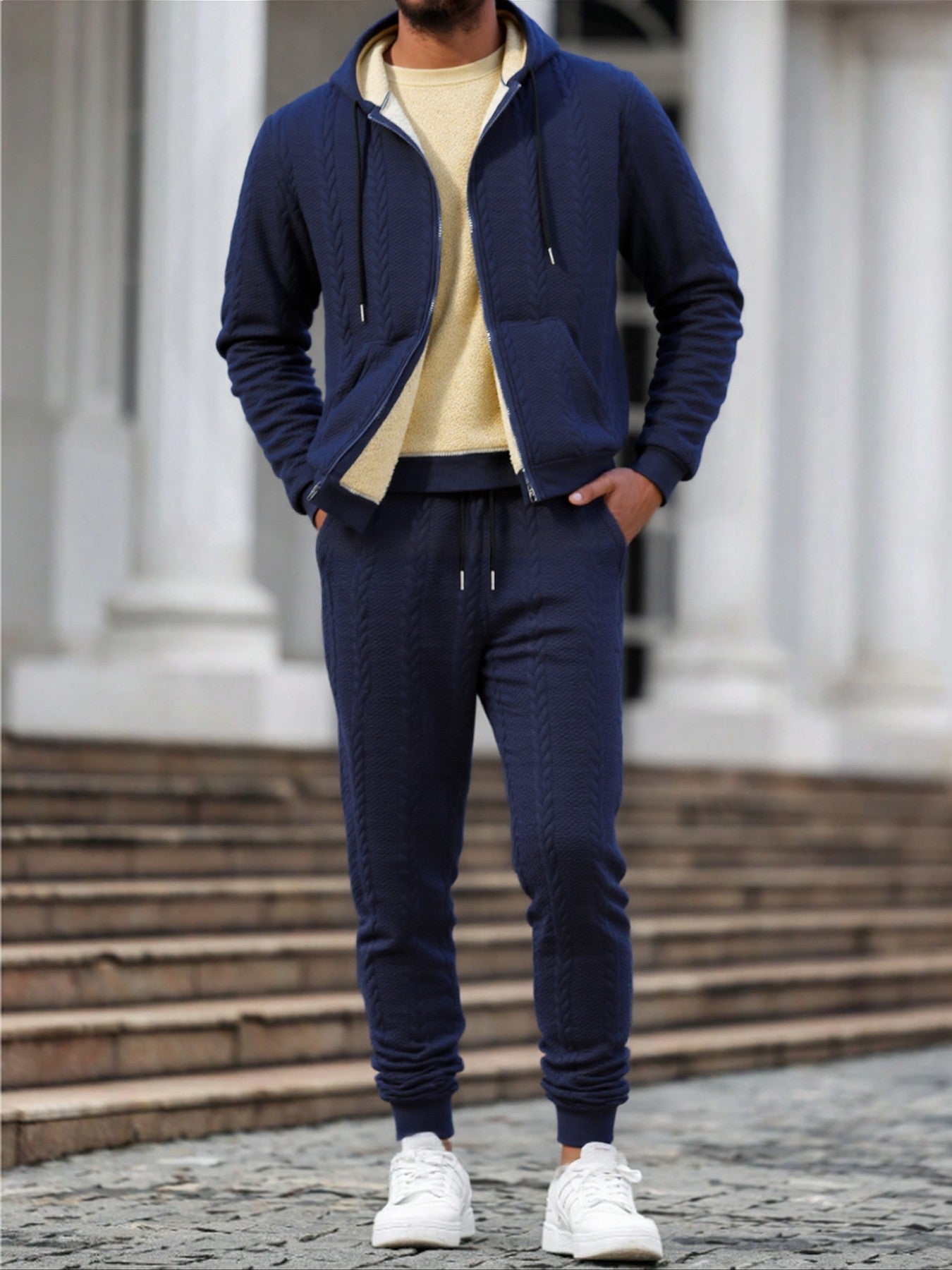 Տղամարդկանց ձմեռային նորաձևության երկմասանոց հավաքածու. Ժակարդե գլխարկով կարդիգան՝ աստառով և երկար տաբատ – իդեալական է աշնան և ձմռան համար, ձմեռային հագուստ տղամարդկանց համար