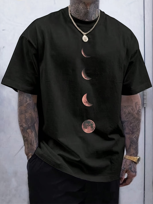 Men's Moon Print T-Shirt, Crew Neck, Summer Wear, Adult Knitted Fabric, Regular Fit