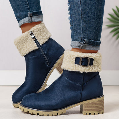 Chunky And Clssic Women'S Ankle Boots, Comfortable And Elegent Woemen Shoes. Warmth Khaki、Black And Beige Winter Women' Boots. Solid-Colored. Fleece-Lined Boots, Heighten And Non-Slip Lighhtweight Shoes with Cute Round Toe.