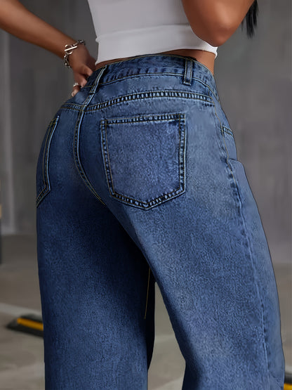 Women'S Plus Size High-Waisted Denim Jeans, Street Style Solid Color, Medium Stretch Washed Fabric, All-Season Oversized Casual Pants with Zipper Fly Closure, 59.8%, 38.4% Polyester, 1.8% Elastane, 264g/m²