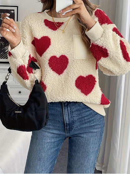 Women'S Plush Heart Sweater - Soft & Heart Pattern Sweater with Heart Cutouts, Cozy Winter Sweater for Fall & Winter