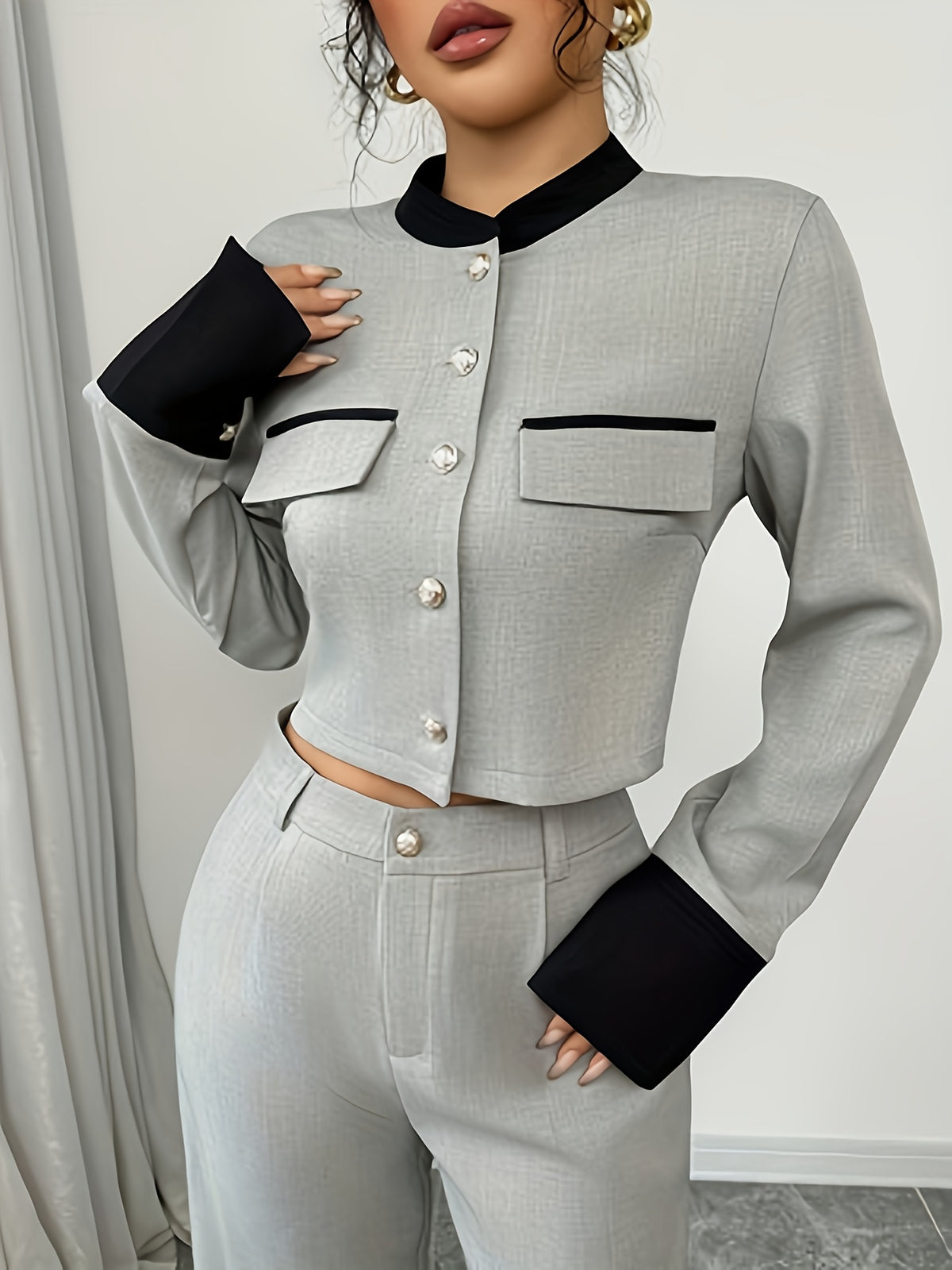 Elegant 2-Piece Suit Set with Stand Collar for Fall/Winter