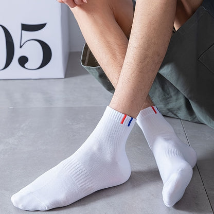 5/10 Pairs Of Men's Solid Sport Crew Socks, Breathable Sweat-absorbing Comfy Soft Casual Simple Style Socks All Seasons Wearing