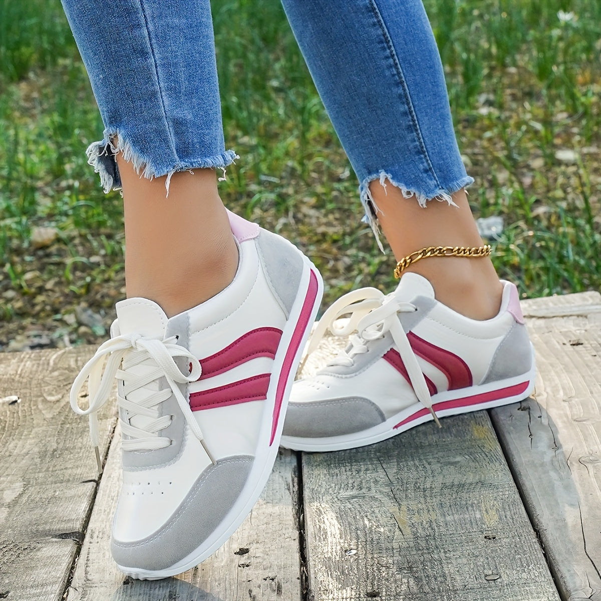 Women's Casual White Sneakers with Blue Accents - Breathable & Comfortable Lace-Up Running Shoes, Low-Top Fitness & Travel Footwear, Soft Rubber Sole, All-Season Wear