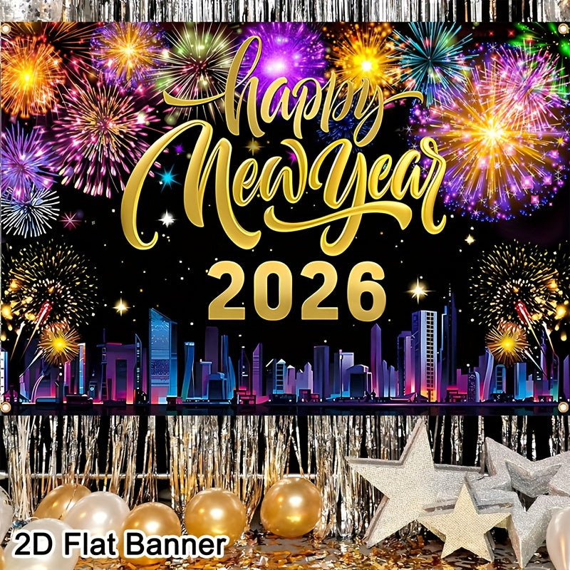 2D Flat, 1pc 2026 Happy New Year Party Backdrop Banner - 80x120cm Polyester Champagne & Cityscape Design, Golden & Purple Fireworks, Festive New Year'S Eve Decor for Home, No Electricity Needed, New Year Decorations, Flag For