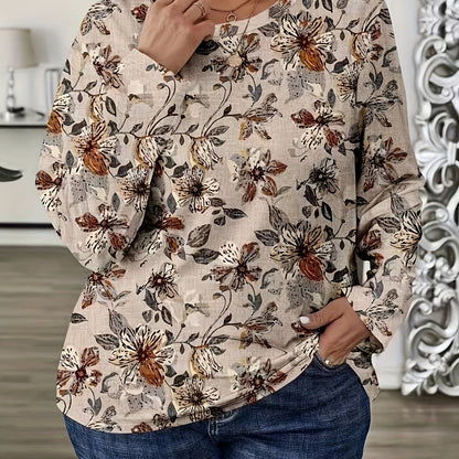 1pc Elegant Plus Size Floral Print Long Sleeve T-Shirt, Casual Crew Neck Polyester Top with Slight Stretch, All-Season Knit Fabric Blouse