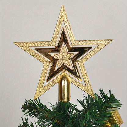 Glittering Golden Star Tree Topper - Elegant Shiny Plastic 5-Pointed Star with Sharp Tip & Stable Base, No-Electricity Christmas & Halloween Decoration for Xmas Tree, New Year's, Wedding, Birthday Party Decor - Durable Indoor
