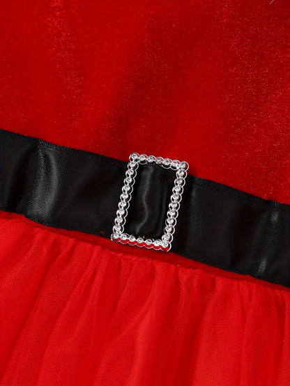 Girls' Christmas Red & White Tulle Dress with Spaghetti Strap Off-Shoulder Neckline, Long Sleeves, Fluffy Trim Hem & Golden Belt - Elegant Party Dress for Holiday Celebrations, Christmas Pageant, New Year's Eve - Machine Wash