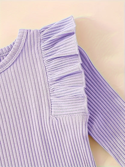 3pcs Baby Girl Outfit Set, Cute Ribbed Ruffle Long Sleeve Romper & Pants, 95% Cotton 5% Spandex, Crew Neck Pullovers, Solid Color, Regular Fit, No Belt, Fall/Winter Knit Fabric, 0-18 Months, for Outdoor