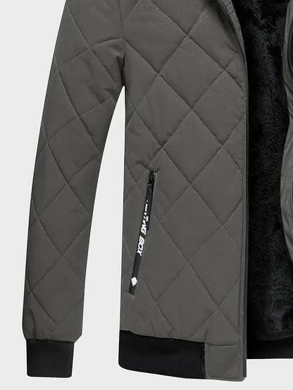 Men's Casual Fleece-Lined Hoodie Jacket - Warm, Windproof Zip-Up Coat with Quilted Design for Fall/Winter, Winter Coat