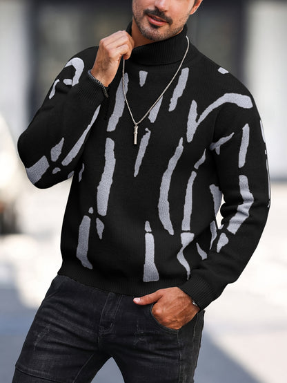 Men's Zebra Stripe Knit Sweater - High Neck Winter Pullover with Zebra Stripes, Warm Casual Sweaters for Weather, Hand Washable Fall/Winter Wardrobe Essential (Regular Fit)