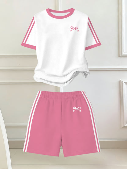 Girls' Butterfly Print Bow Short Sleeve Tee & Shorts Set
