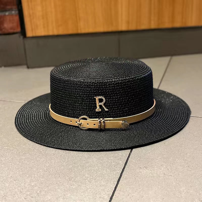 Women's Summer Straw Sun Hat with French Belt - Retro Beach Style