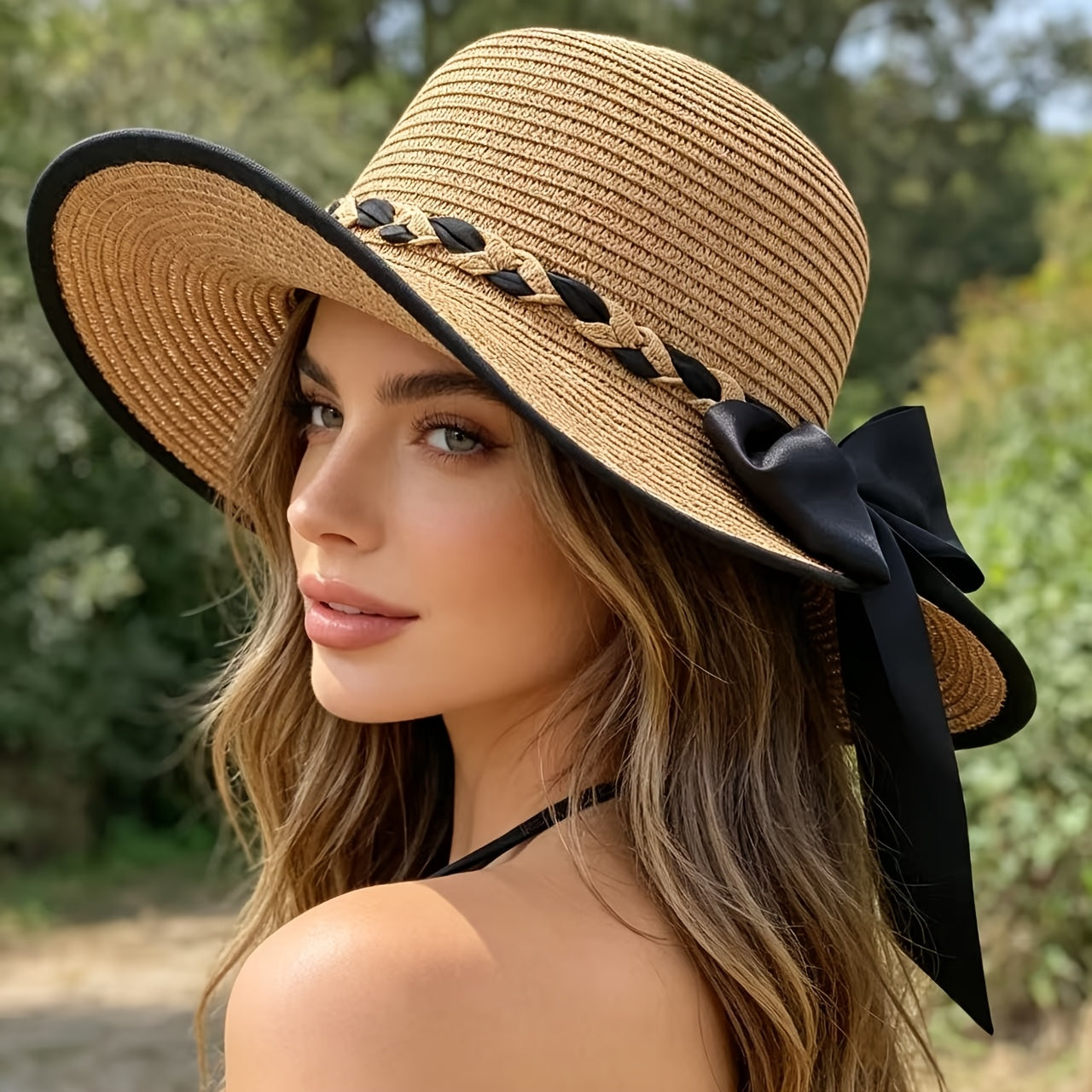 Women's Lightweight Foldable Sun Hat with Black Bow