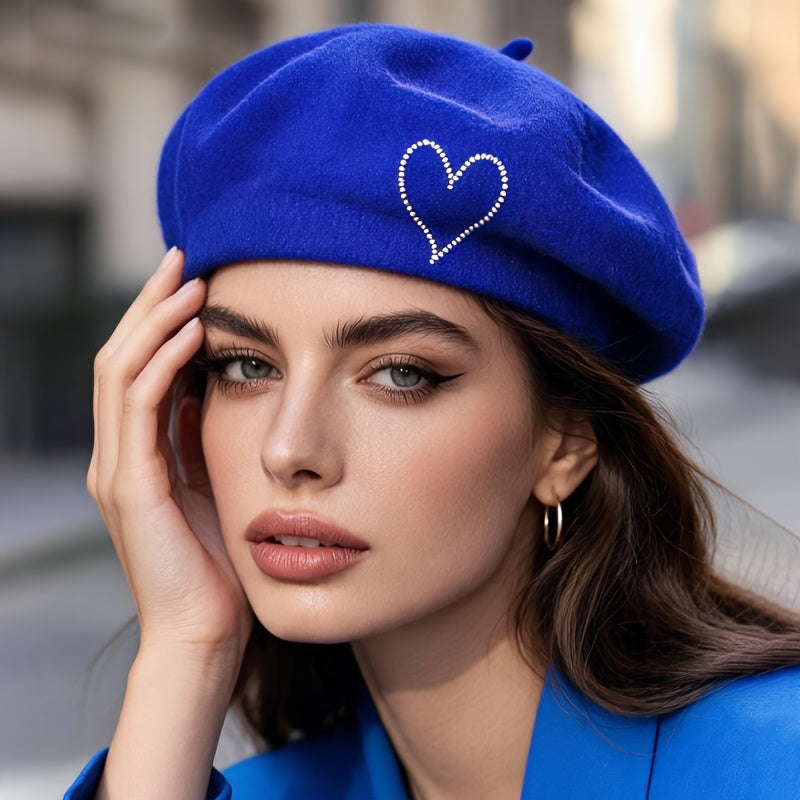 Women's Wool Beret Hat with Rhinestone Heart - Lightweight Warm