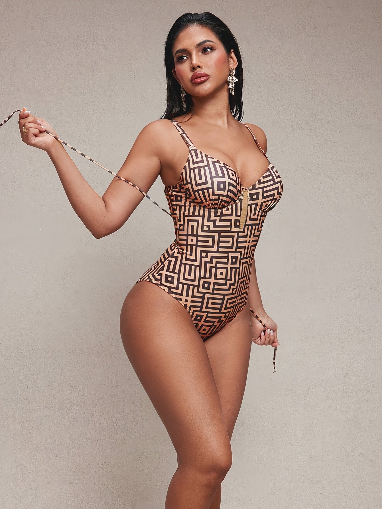 Women's Brown Plaid One-Piece Push-Up Swimsuit with Adjustable Straps