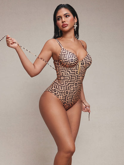 Women's Brown Plaid One-Piece Push-Up Swimsuit with Adjustable Straps
