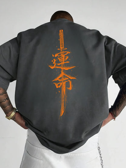 Men'S Japanese Samurai Sword Graphic T-Shirt - Casual Loose Fit Crew Neck, Short Sleeve Tee with Red Stylized Japanese Katanas Design, Breathable Polyester for Spring  Summer Outdoor Wear