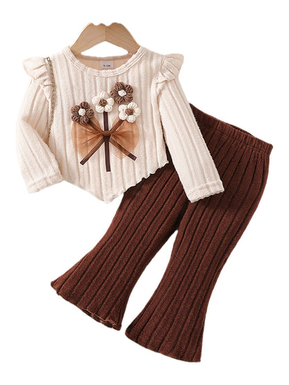 Girls' Autumn Casual 3D Floral Bow Puff Sleeve Knit Set