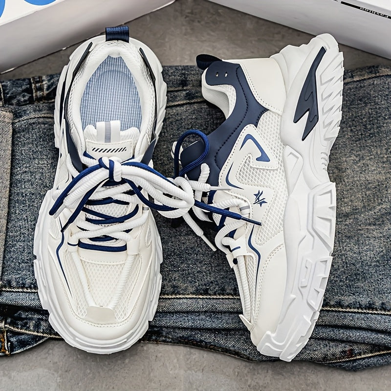 Men'S Breathable Mesh Sneakers with Thick Cushioned Sole - Lightweight Low-Top Lace-Up Shoes for Running, Hiking  Casual Wear, Navy Blue  White Design, All-Season Comfort, Sneakers, Hiking Footwear, Stylish Laceup Shoes, Du