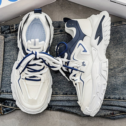 Men'S Breathable Mesh Sneakers with Thick Cushioned Sole - Lightweight Low-Top Lace-Up Shoes for Running, Hiking  Casual Wear, Navy Blue  White Design, All-Season Comfort, Sneakers, Hiking Footwear, Stylish Laceup Shoes, Du