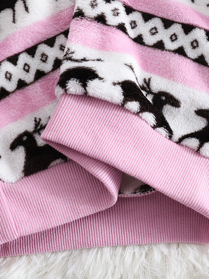 2pcs Girls' Cute Deer Print Fashionable Thick Flannel Set for Autumn/Winter, Soft and Comfortable Warm Outfit, Versatile Casual Attire with Outdoor Activities, Winter Clothing, Autumn Fashion, Stylish Kids' Wear, Playful Desi