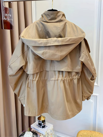 Կանացի միագույն պոլիեսթերային վերարկու՝ լարով գոտկատեղի, օձիքի և կրծքավանդակի գրպաններով - Գարնանային և աշնանային նորաձևություն, հարմարավետ, չձգվող գործվածք, ամենօրյա վերնազգեստ | Դասական երկար թևքեր | Չձգվող նյութ