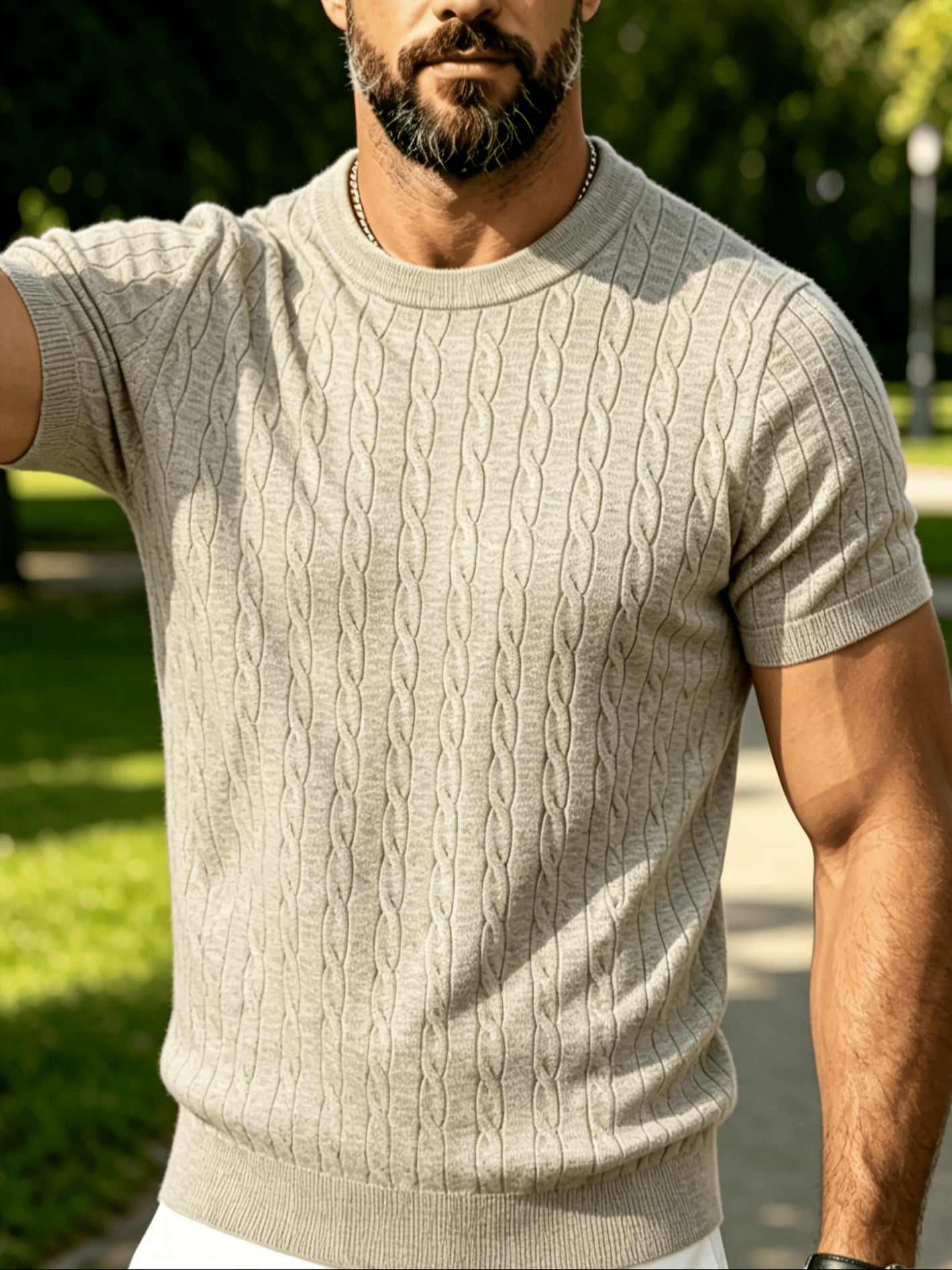 Men's Summer Short Sleeve Knit Sweater Shirt - Vintage Cable Crew Neck