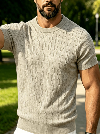 Men's Summer Short Sleeve Knit Sweater Shirt - Vintage Cable Crew Neck