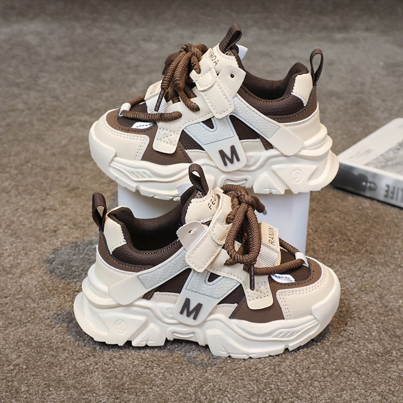 Kids' Chunky Sneakers - Breathable Mesh Running Shoes with Hook-and-loop Fastener Straps, Black & Brown Design for Boys & Girls, Casual & Sporty Style, All-Season Wear, Cute Shoes